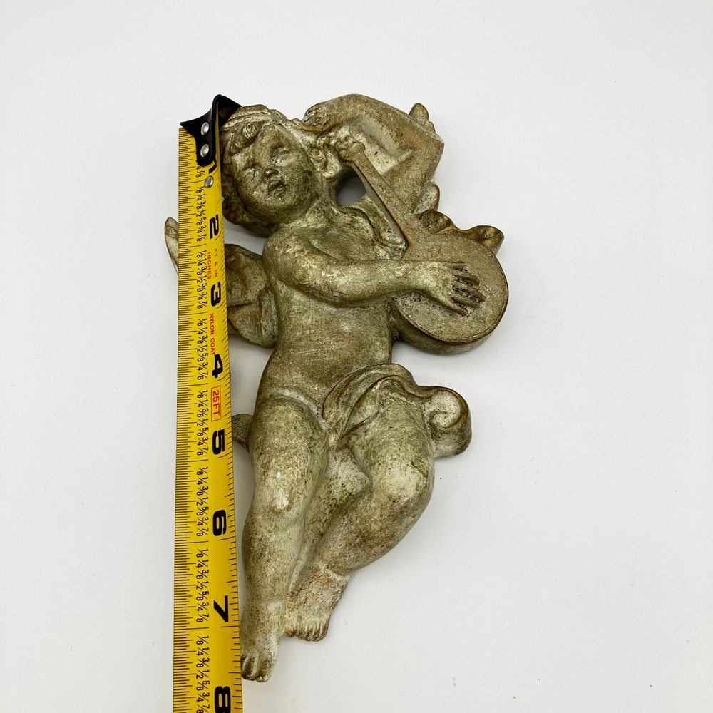 Vintage Cherub Angel Wall Plaque 8" Gold Gilded Resin Musical Lute Decor - Picture 2 of 9